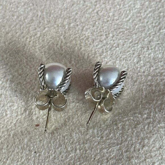 David Yurman Cable Pearl & Diamond Stud Earrings – Sterling Silver - Picture 9 of 11